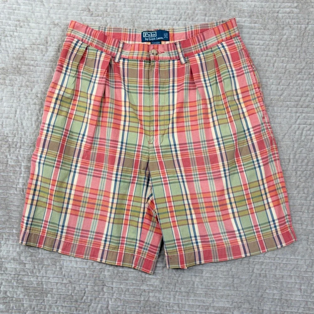 Polo‎ Ralph Lauren Tyler Short Mens 31 Plaid Pleated Cotton Multi Color Preppy